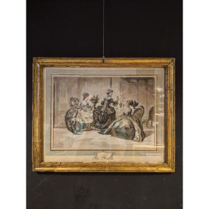 Jean Michel Moreau (1741/1814) Conversation Between Elegant Ladies. Watercolor/paper, Signed
