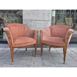 Louis Majorelle, Pair Of Walnut "aubépine" Armchairs