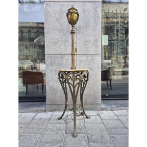 Art Nouveau Floor Lamp/side Table In Gilded And Patinated Bronze With An Onyx Top, Circa 1900