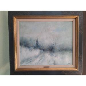 Bernard Gantner, Oil On Canvas, "pine Trees In The Winter Mist"