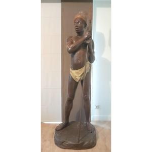Friedrich Goldscheider :Grande sculpture en terre cuite polychrome représentant un guerrier afr