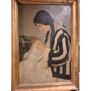 Hubbel Henry Salem, Oil On Canvas: Young Woman Sewing, Signed Lower Left