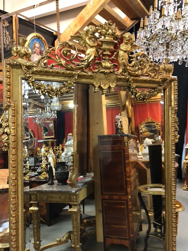 Miroir En Bois Et Stuc Doré à Décor d'Amours, H/2m-photo-2