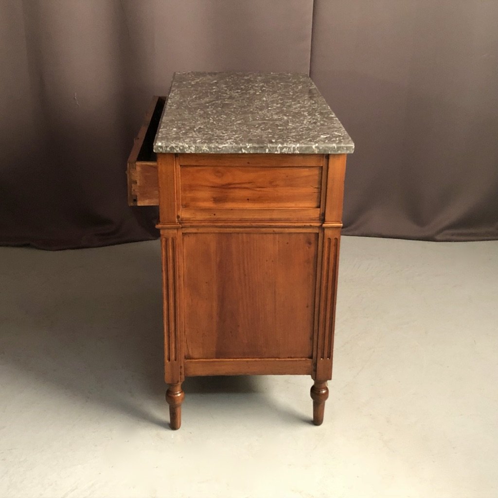 Small Louis XVI Commode In Walnut, Decor Quarter Brass Round-photo-3