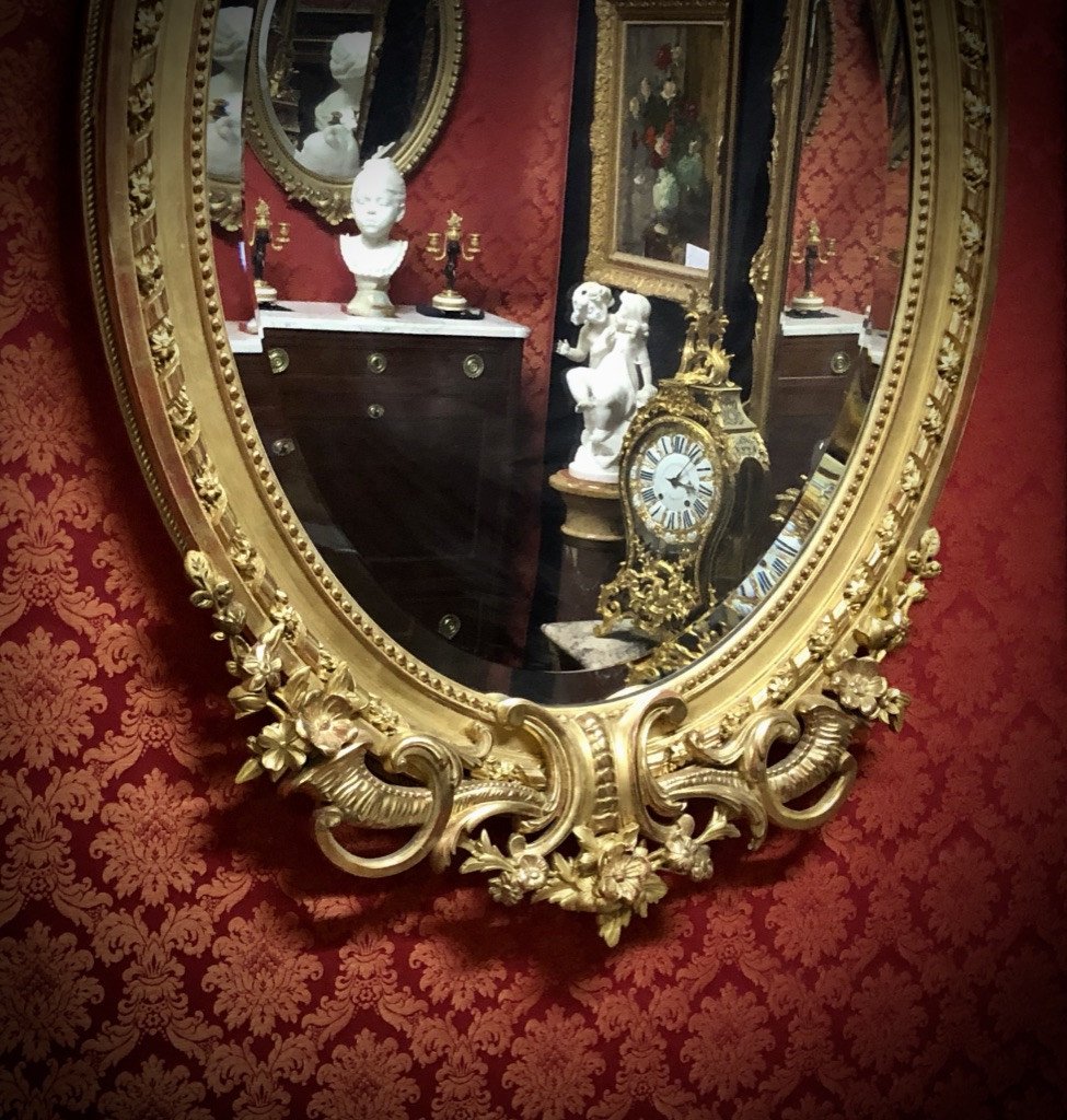 Miroir Doré De Forme Ovale, H:1,35, époque XIXème-photo-2