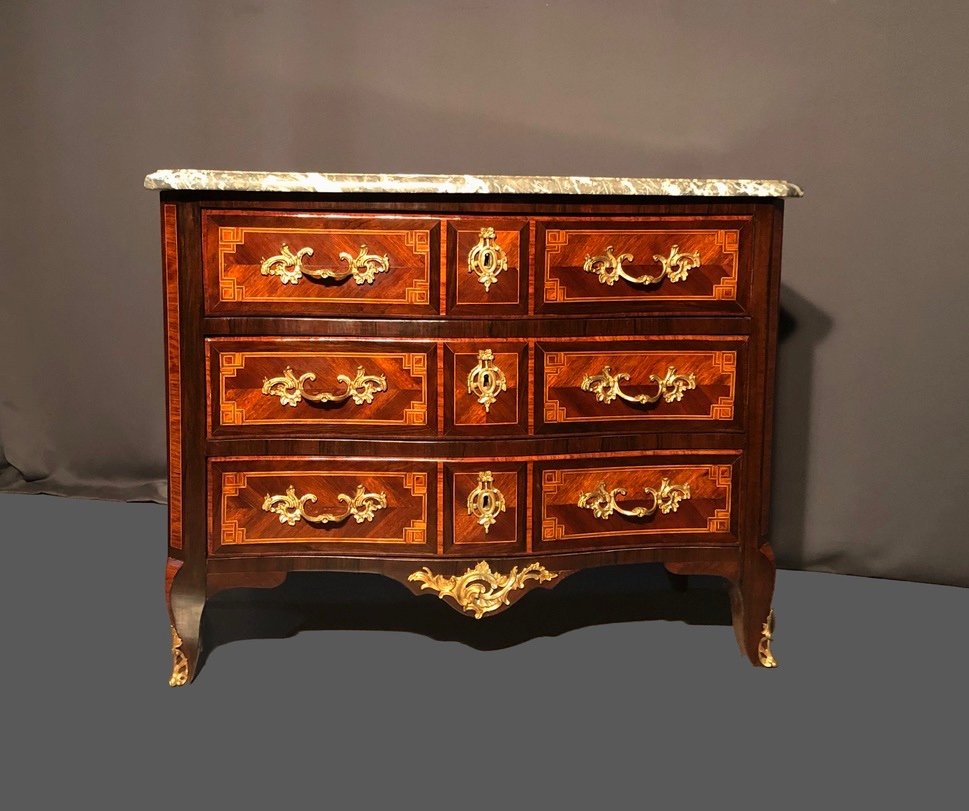 Commode Louis XV Marquetée Dessus Marbre-photo-3