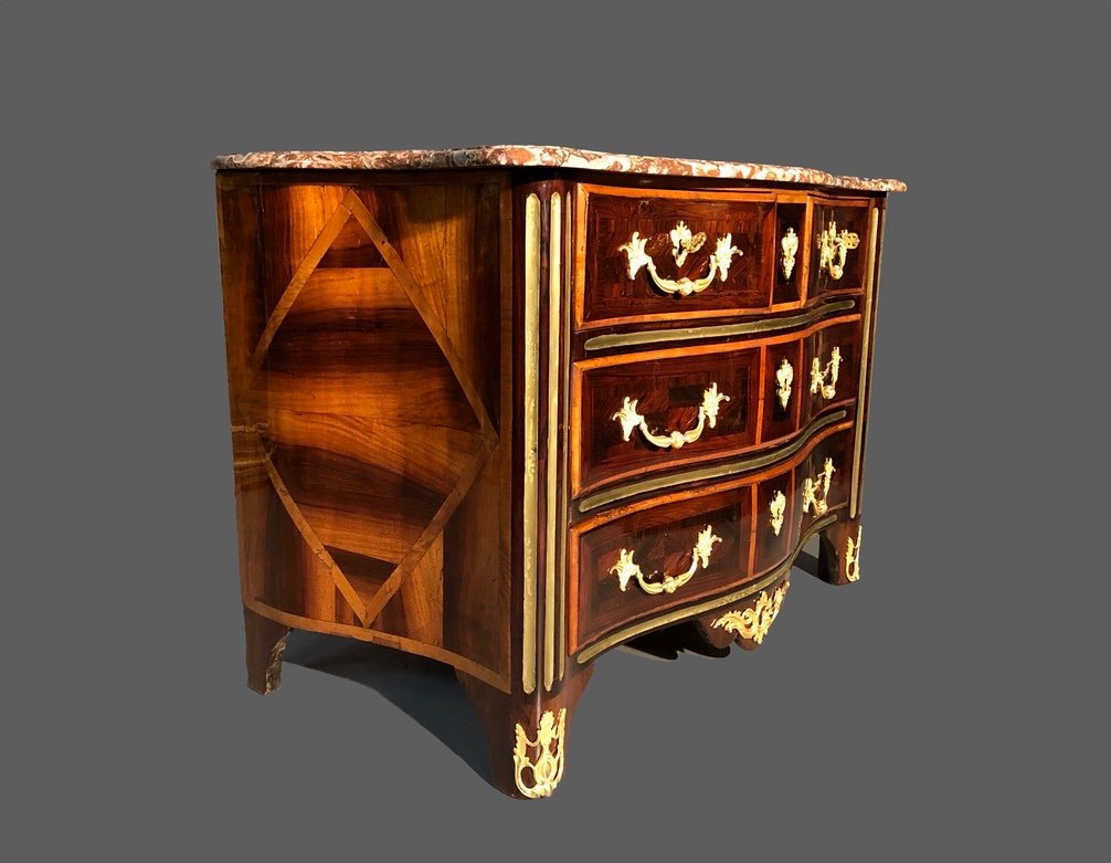 Louis XIV Commode In Marquetry, With Copper Rush, Marble Top, Eighteenth Time-photo-2