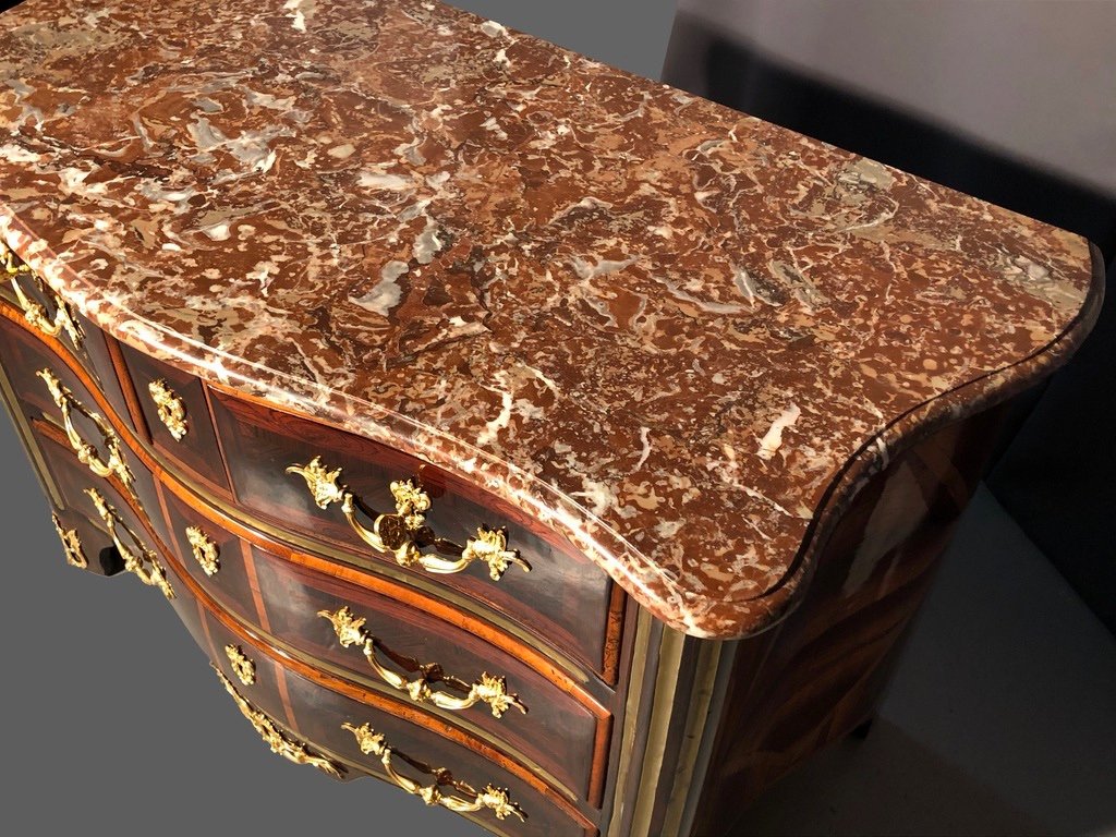 Louis XIV Commode In Marquetry, With Copper Rush, Marble Top, Eighteenth Time-photo-4