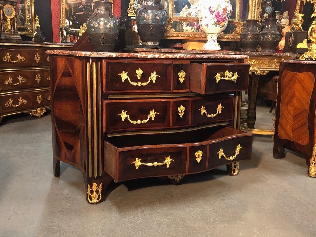 Commode Louis XIV En Marqueterie, à Jonc De Cuivre, Dessus Marbre, époque XVIIIème-photo-3