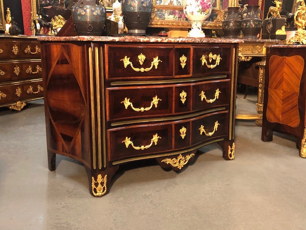 Commode Louis XIV En Marqueterie, à Jonc De Cuivre, Dessus Marbre, époque XVIIIème-photo-2