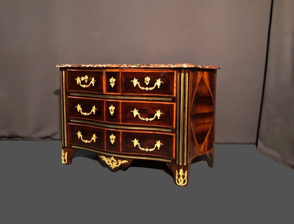 Louis XIV Commode In Marquetry, With Copper Rush, Marble Top, Eighteenth Time-photo-3