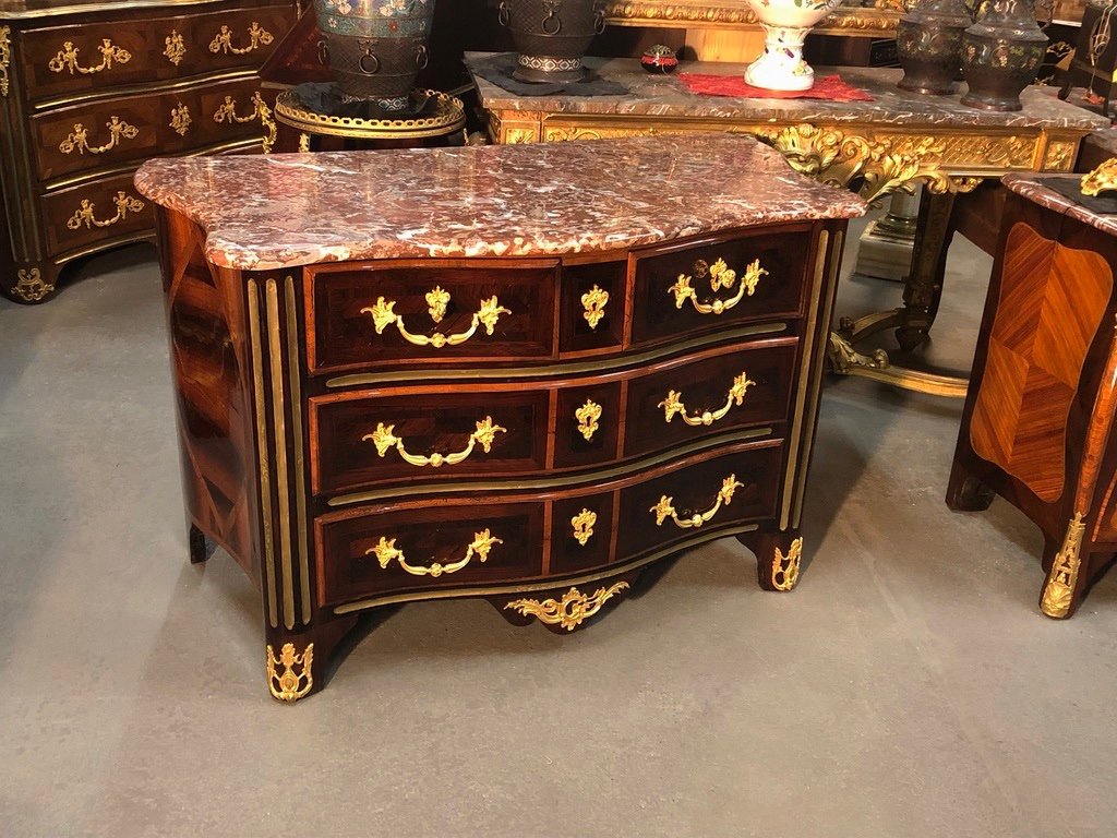 Louis XIV Commode In Marquetry, With Copper Rush, Marble Top, Eighteenth Time-photo-4