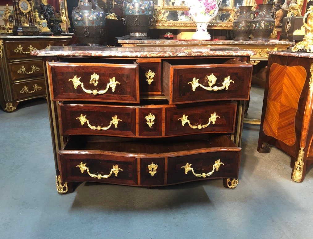 Commode Louis XIV En Marqueterie, à Jonc De Cuivre, Dessus Marbre, époque XVIIIème-photo-6