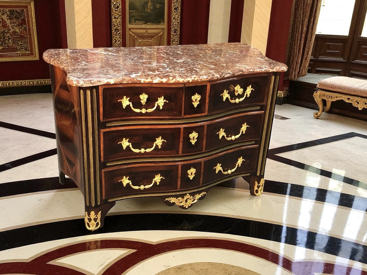 Commode Louis XIV En Marqueterie, à Jonc De Cuivre, Dessus Marbre, époque XVIIIème-photo-1
