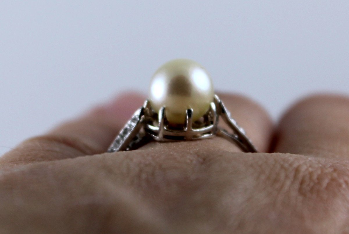 Platinum Ring, Akoya Cultured Pearl And Diamonds-photo-2