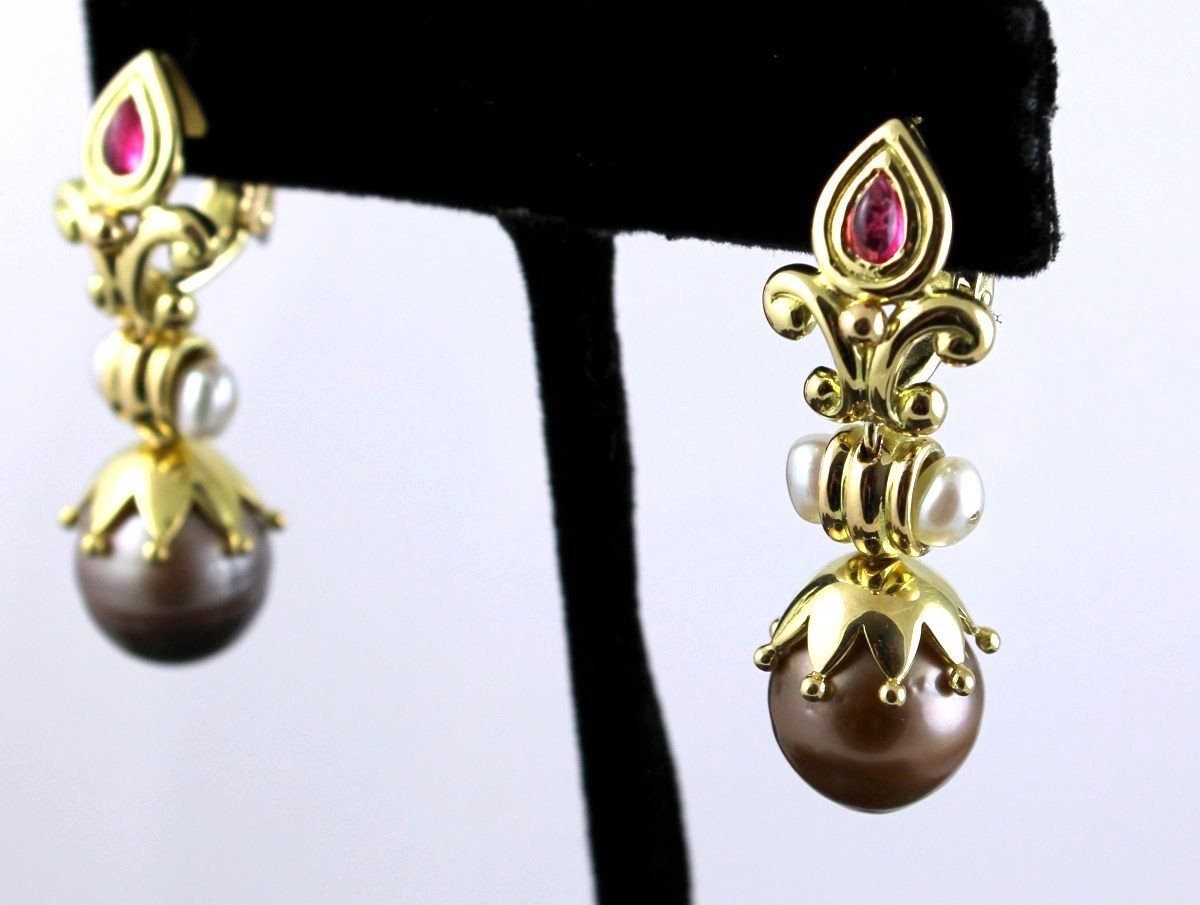 Gold, Tourmaline And Cultured Pearl Earrings-photo-3