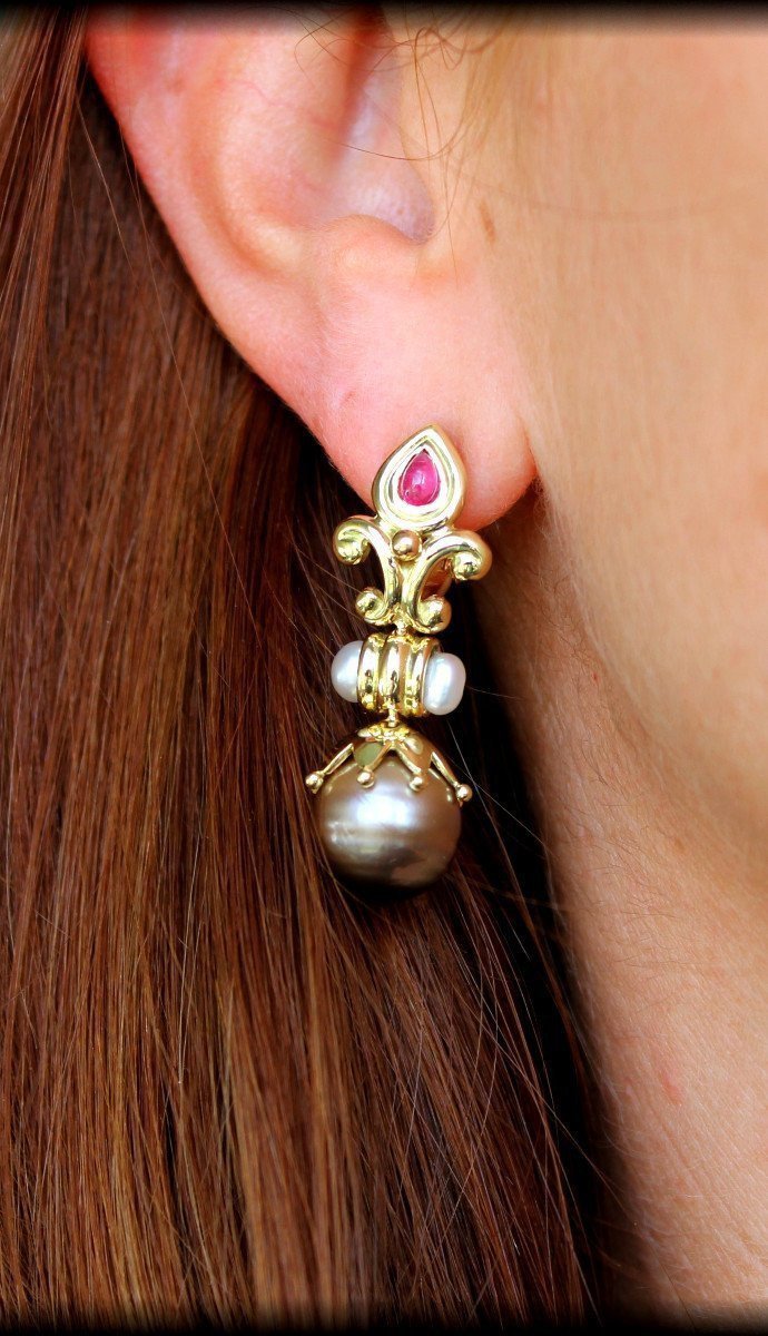 Gold, Tourmaline And Cultured Pearl Earrings-photo-5
