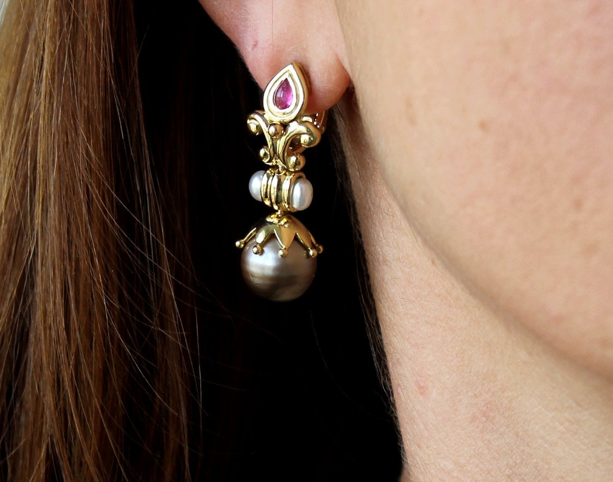 Gold, Tourmaline And Tahitian Pearl Earrings-photo-6