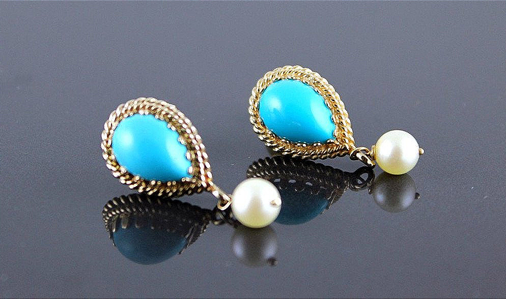 Boucles Or, Turqoise Et Perle De Culture