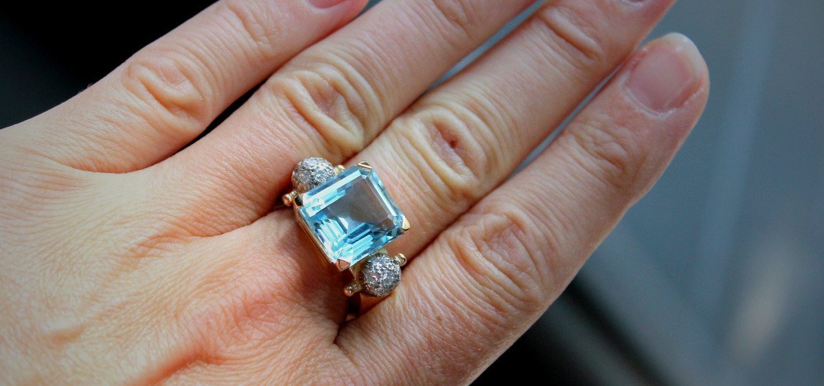 Bague or, Aigue Marine et diamants-photo-4