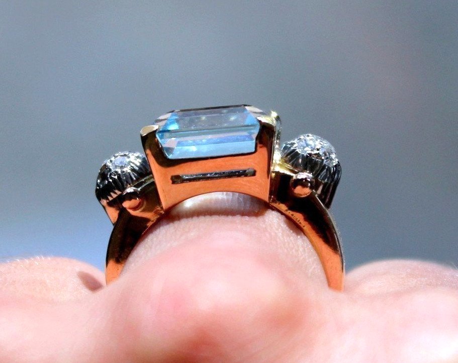 Bague or, Aigue Marine et diamants-photo-1