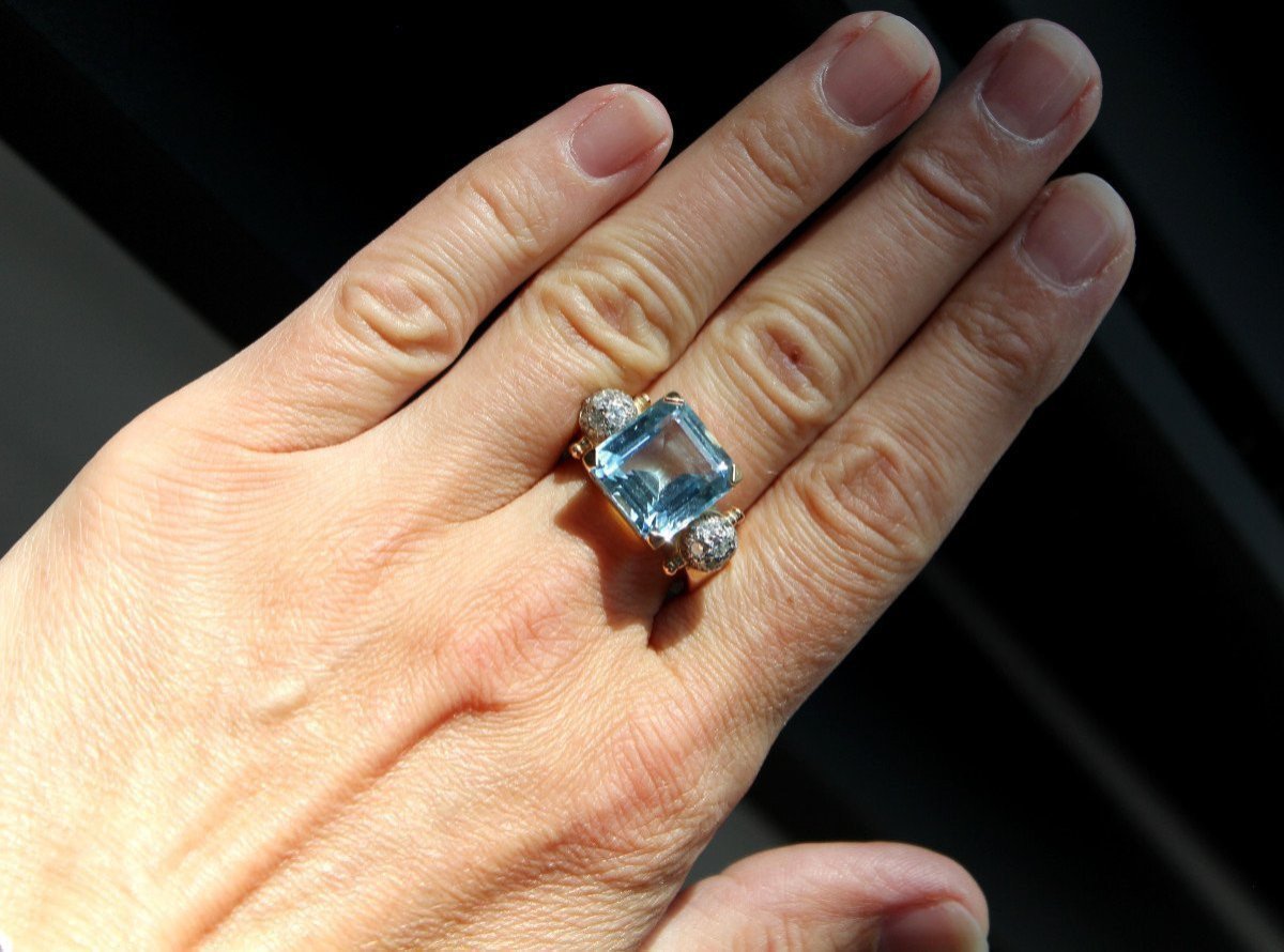 Bague or, Aigue Marine et diamants-photo-2