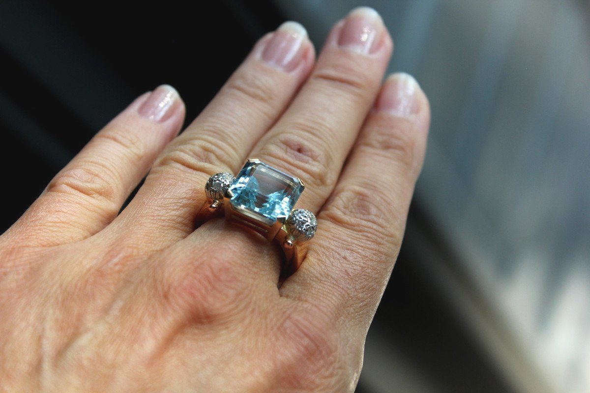 Bague or, Aigue Marine et diamants-photo-3