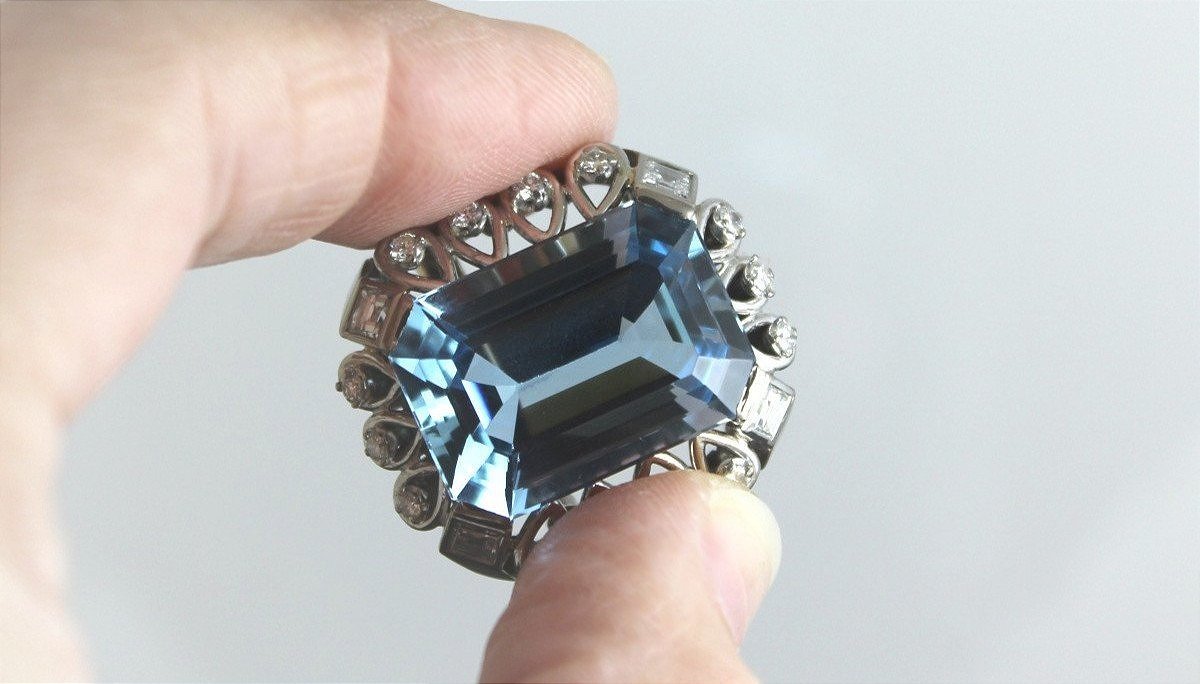 Bague or, Aigue Marine et diamants-photo-3
