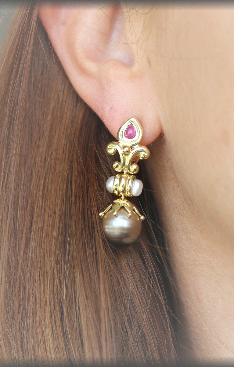 Gold Earrings, Tourmaline And Tahitian Pearl-photo-3