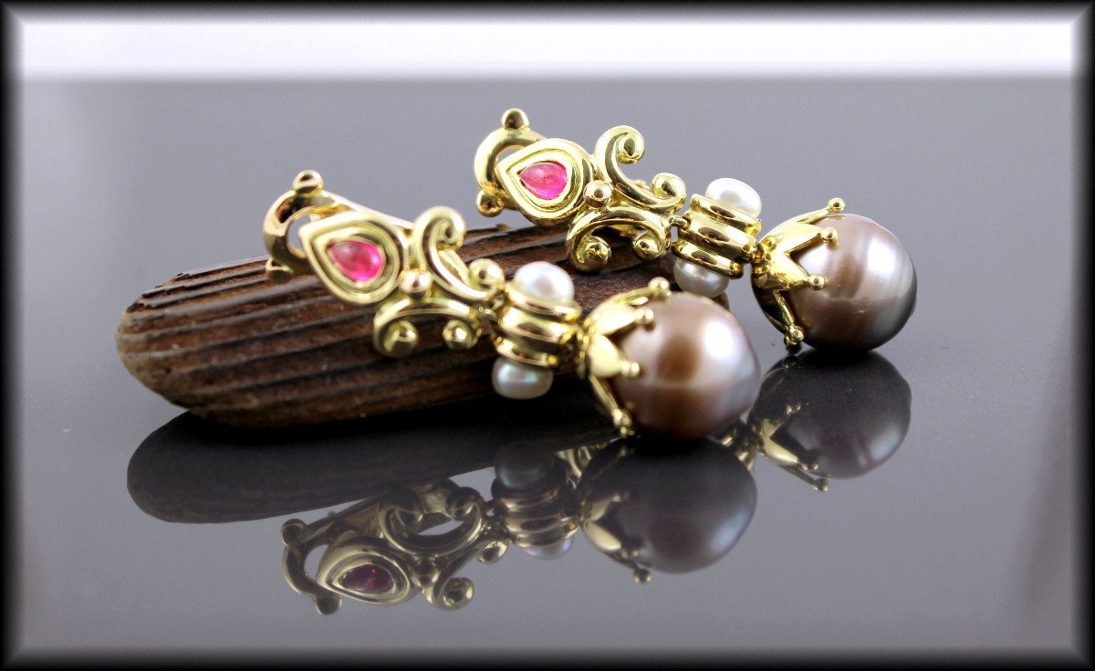 Gold Earrings, Tourmaline And Tahitian Pearl-photo-4