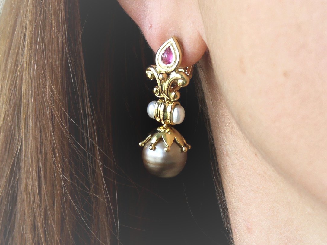 Gold Earrings, Tourmaline And Tahitian Pearl-photo-5