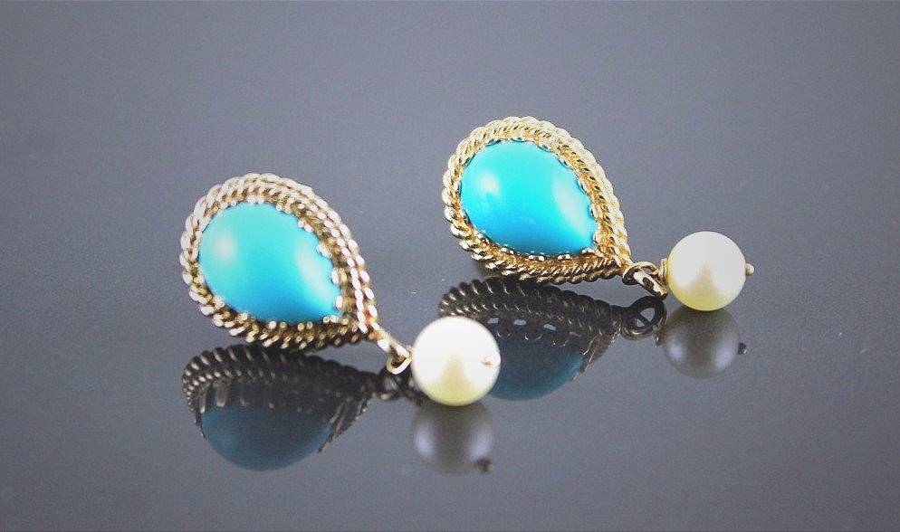 Gold, Turquoise And Cultured Pearl Earrings-photo-1