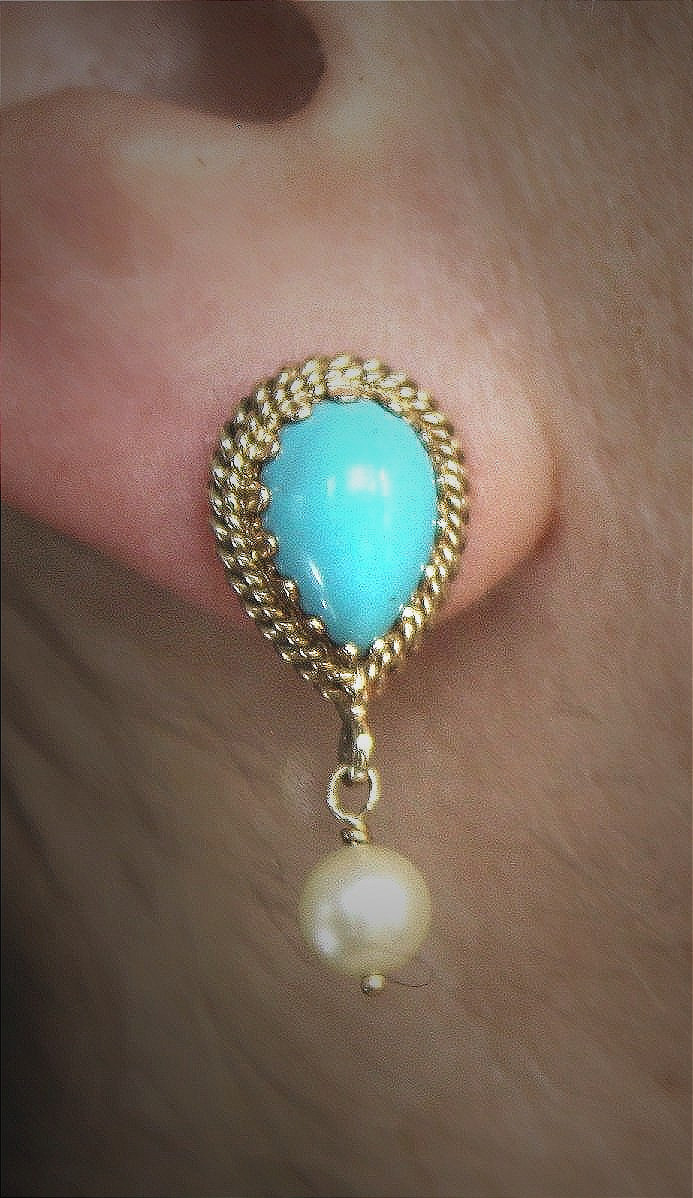 Gold, Turquoise And Cultured Pearl Earrings