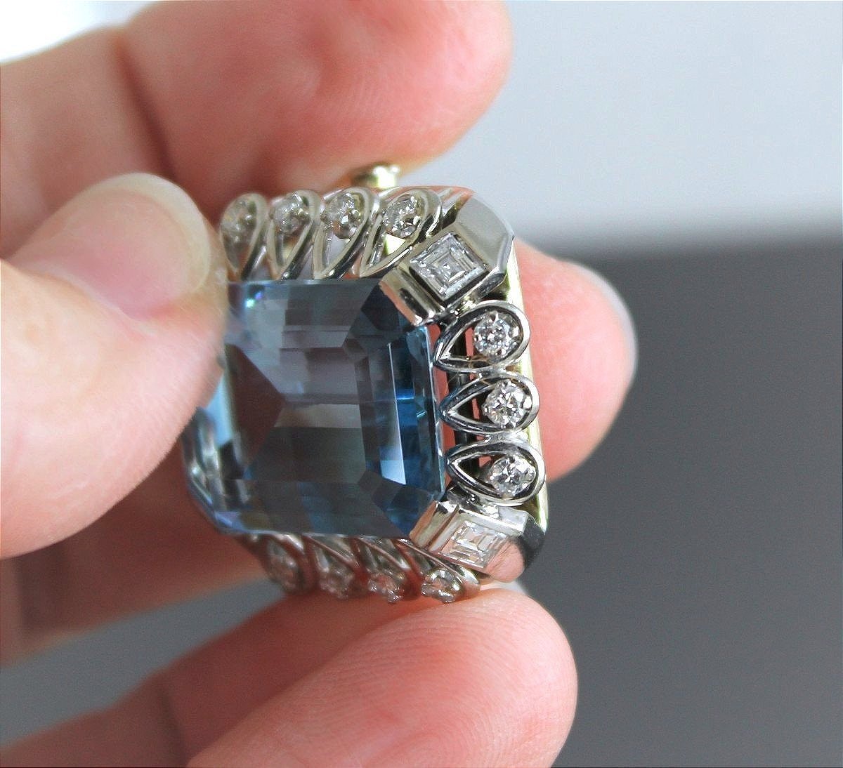 Broche or, diamants et Aigue Marine (20 x14 mm)+/-18 ct-photo-2