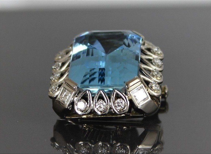 Broche or, diamants et Aigue Marine (20 x14 mm)+/-18 ct-photo-4