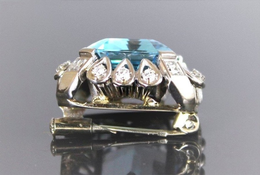 Broche or, diamants et Aigue Marine (20 x14 mm)+/-18 ct-photo-3