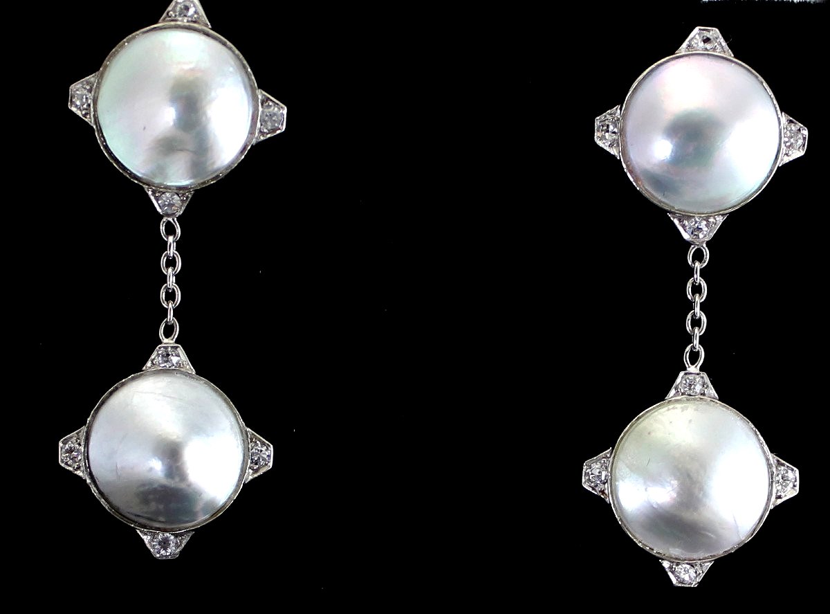 Boucles or et platine - perle Mabé et diamants - 4 cm de long-photo-3