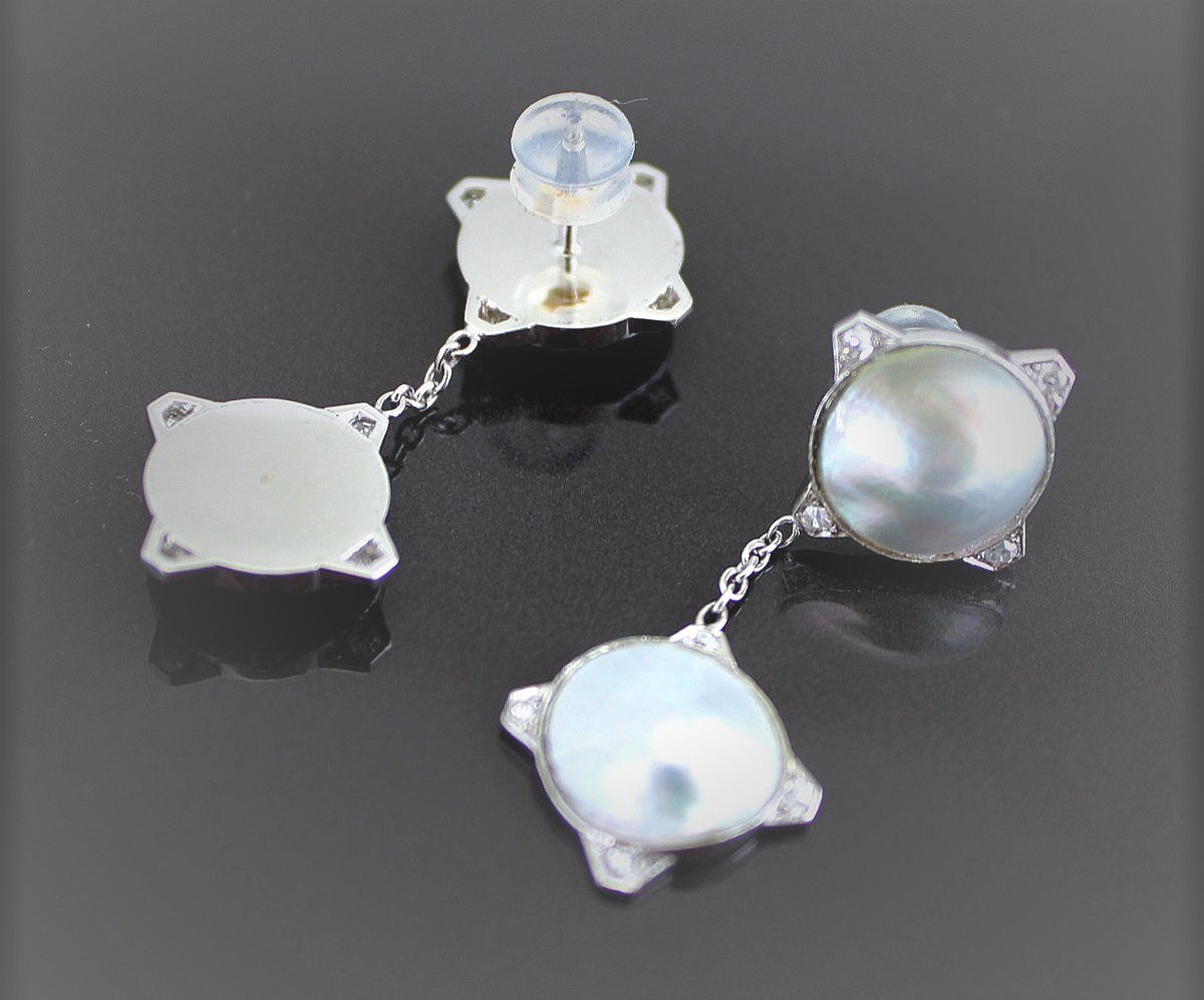 Boucles or et platine - perle Mabé et diamants - 4 cm de long-photo-4