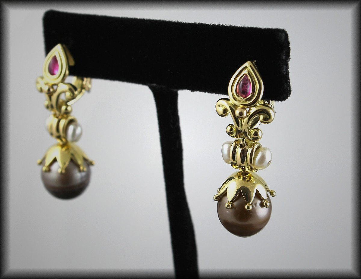 Gold, Tourmaline And Tahiti Pearl Earrings-photo-3