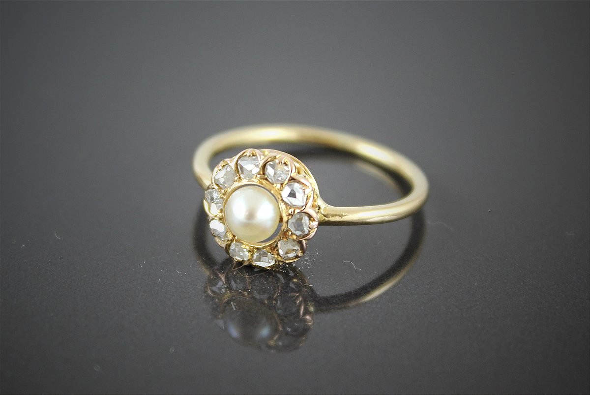 Parure bague + broche or , perle de culture et diamant-photo-1