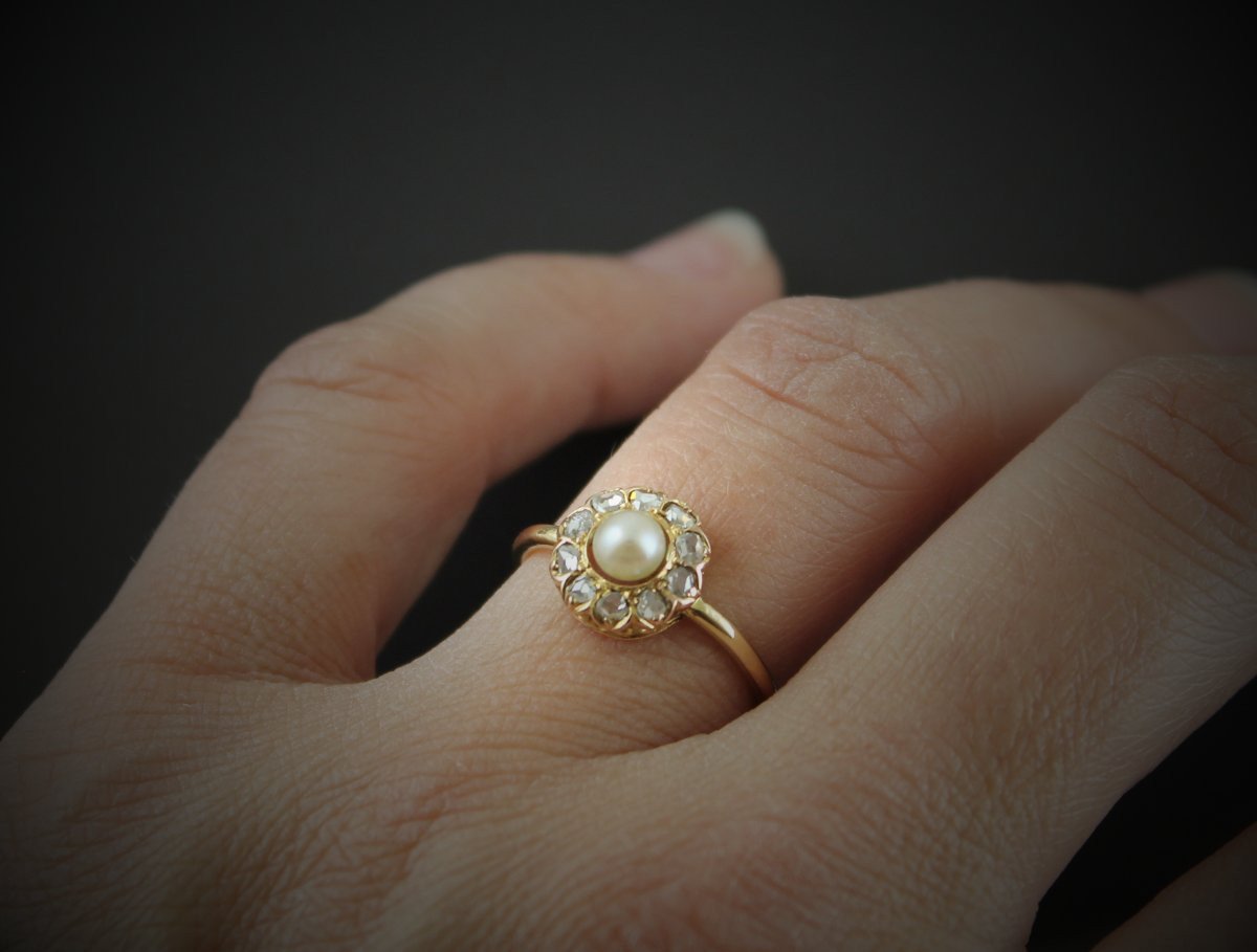 Parure bague + broche or , perle de culture et diamant-photo-6