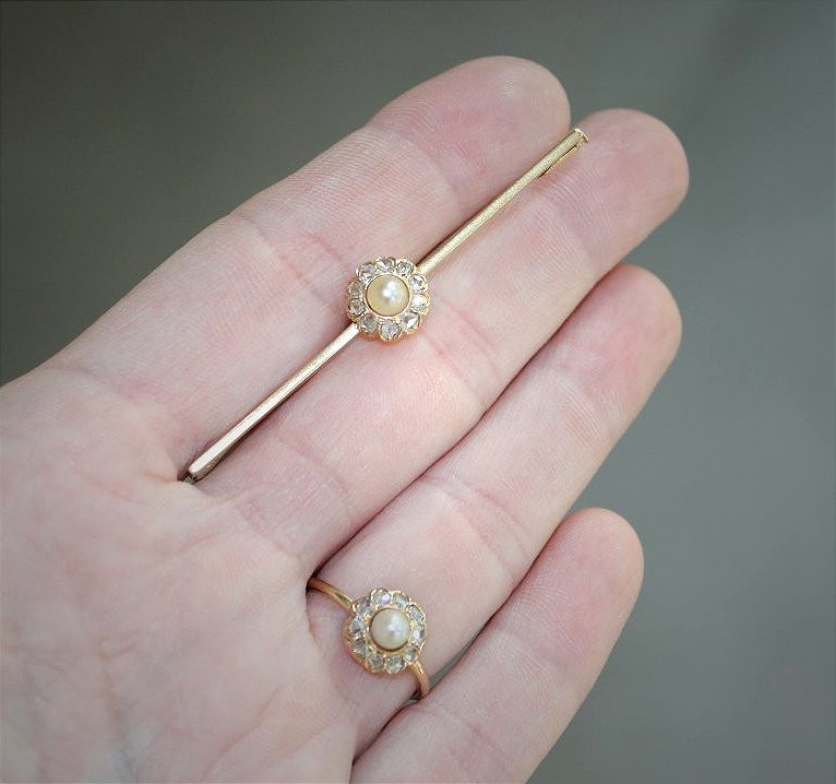 Parure bague + broche or , perle de culture et diamant-photo-7