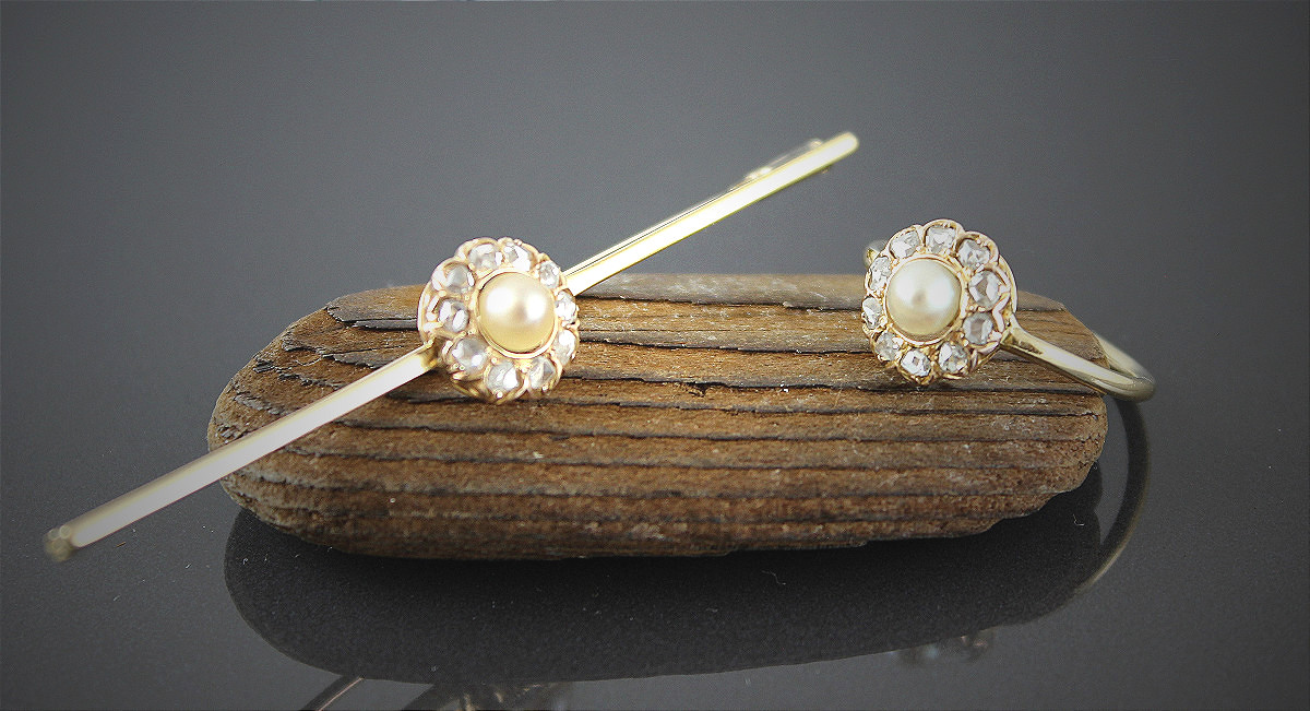 Parure bague + broche or , perle de culture et diamant