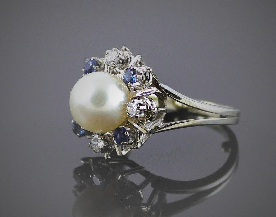 Bague or, saphir, diamant et perle de culture-photo-2