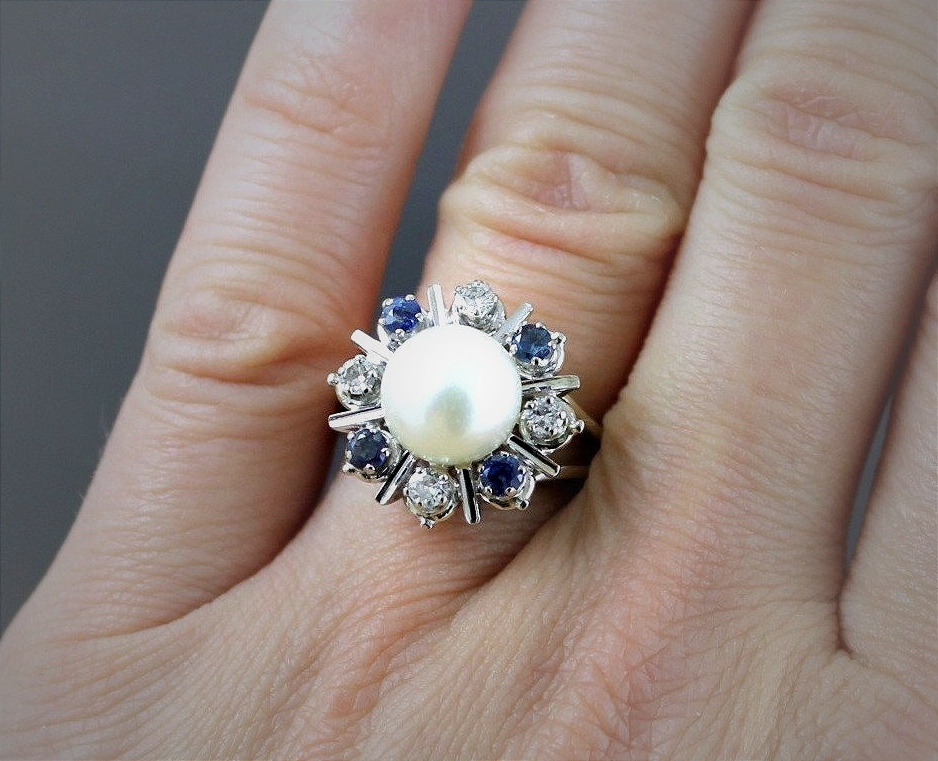 Bague or, saphir, diamant et perle de culture