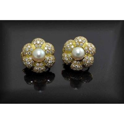 Boucles Or - Perle De Culture - Diamants