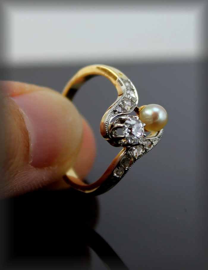 Bague Or- Platine-diamants Et Perle De Culture Art Nouveau-photo-2