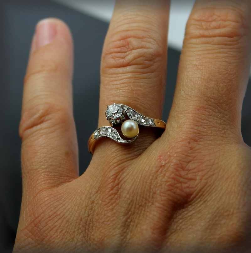 Bague Or- Platine-diamants Et Perle De Culture Art Nouveau-photo-3