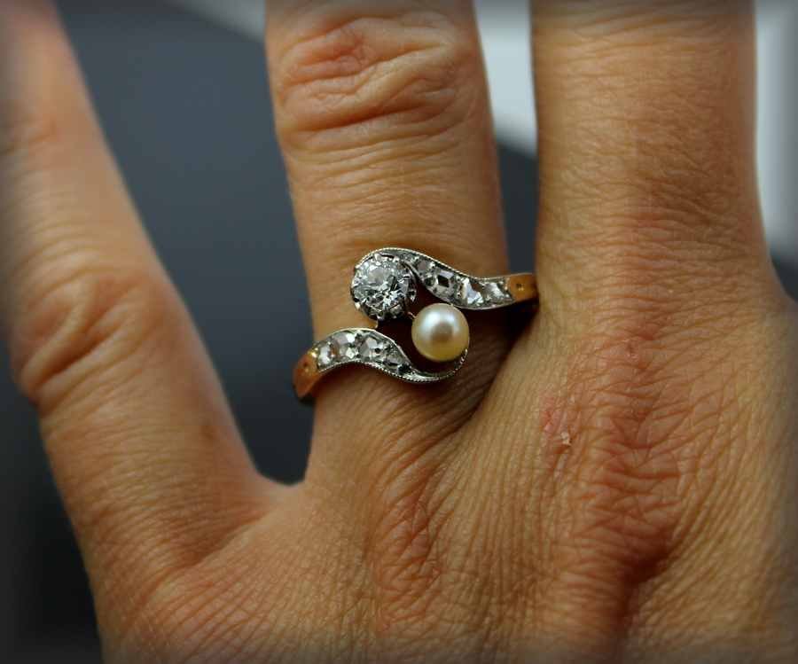 Bague Or- Platine-diamants Et Perle De Culture Art Nouveau-photo-4