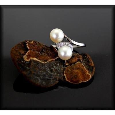 Bague Or, Perle de Culture Et Diamants